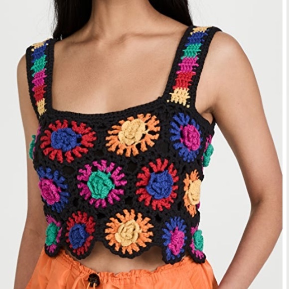 FARM Rio Tops - Farm Rio Black/Multicolored Crochet 3-D Flowers Boho Festival Cropped Top NWT XL